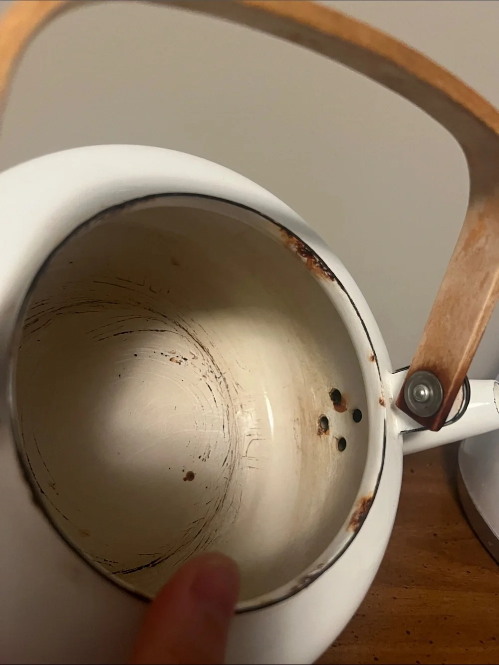 Vintage White Strawberry Pattern Enamel Teapot with Wood Handle